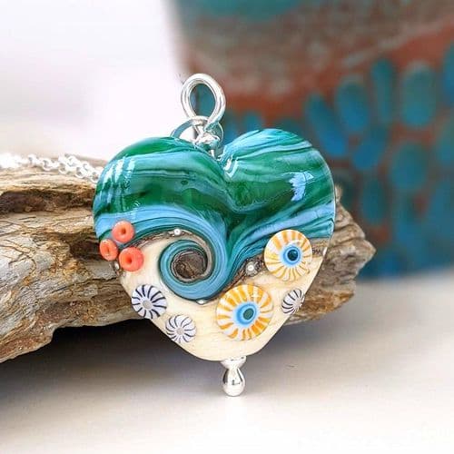 Sand & Sea Glass Lampwork Heart Pendant