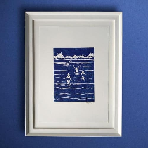 Sea Swimmers – Framed Linocut Print