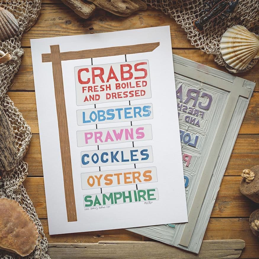 Seafood Sign - Linocut Print