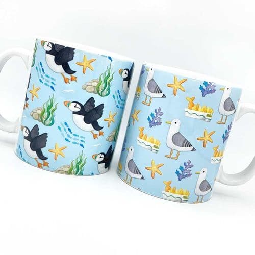 Seagull & Puffin Pattern Mugs – Set of Two