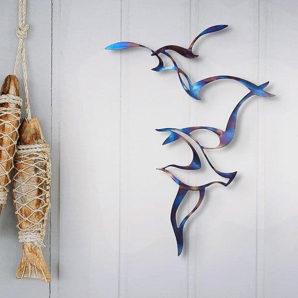 Seagulls - Tempered Metal Wall Art Hanging by Janet Mary Robinson