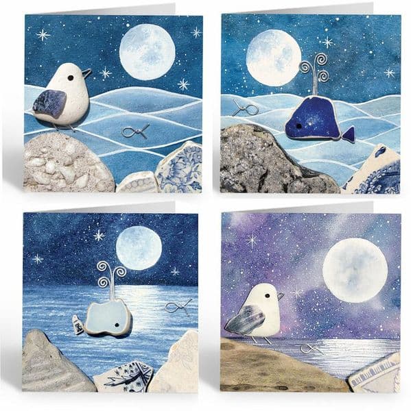 Seagulls & Whales Moonlight Cards | Pack of 4 | Greeting Cards | Louise Stocker
