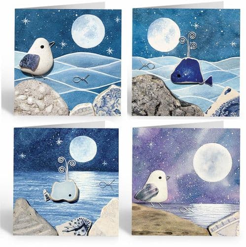 Seagulls & Whales Moonlight Cards – pack of 4