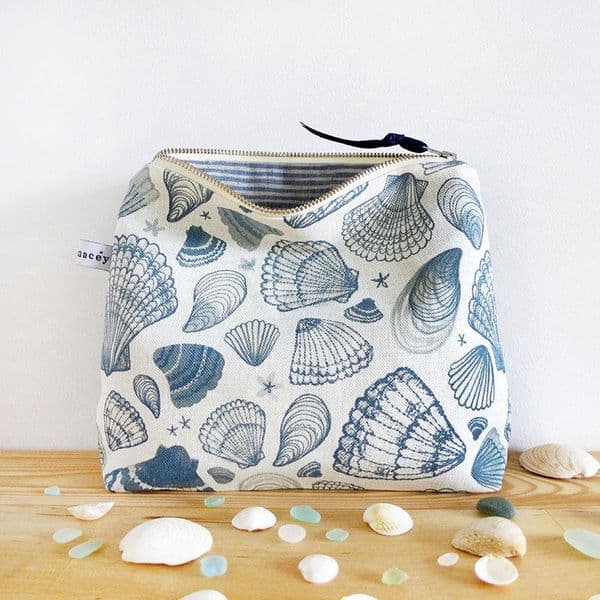 Seashells Tall Pouch Navy Blue | Cosmetic and Toiletry Bag | Charlotte Macey