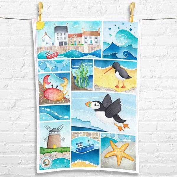 Seaside Tea Towel - Crail Harbour | Coastal Tea Towel | Louise Stocker