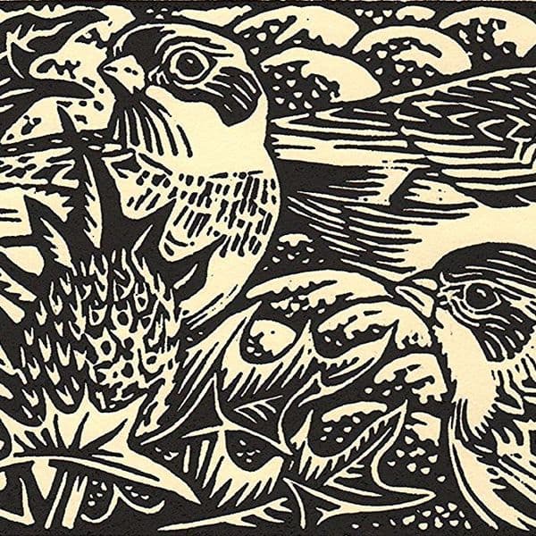 Snow Buntings and Sea Holly | Linocut Print | Richard Allen