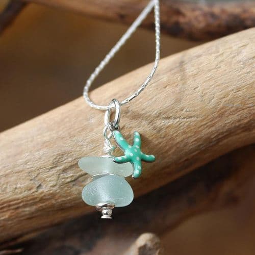 Soft Blue Sea Glass Pendant with Little Starfish Charm
