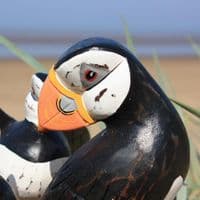 Three Puffins Bird Carving | Large Carved Wooden Birds