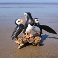 Three Puffins Bird Carving | Large Carved Wooden Birds