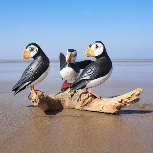 Three Puffins Bird Carving - Large