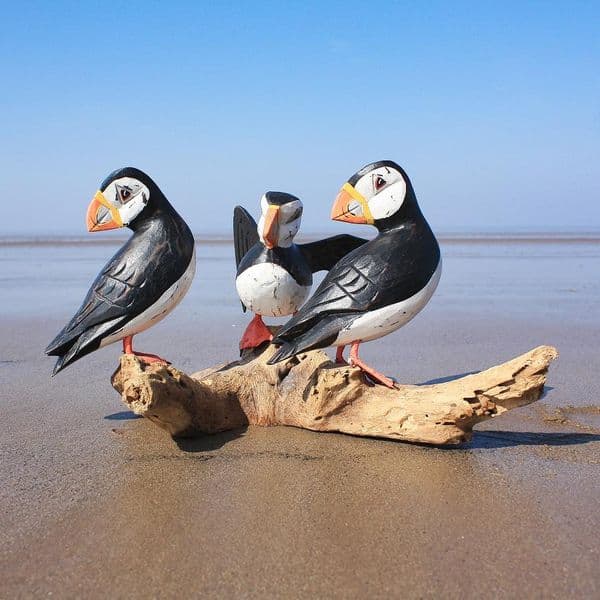 Three Puffins Bird Carving | Large Carved Wooden Birds