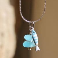 Turquoise Sea Glass Pendant with Little Fish Charm | Beach Glass Jewellery | Melinda Llewdib