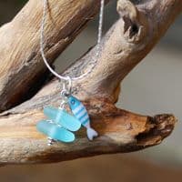 Turquoise Sea Glass Pendant with Little Fish Charm | Beach Glass Jewellery | Melinda Llewdib