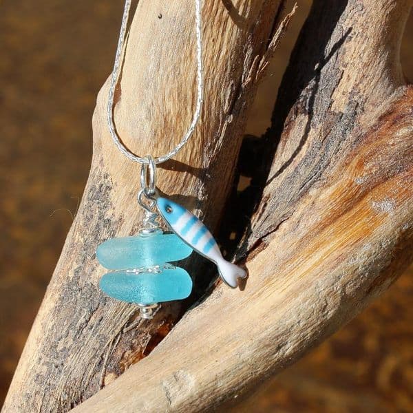 Turquoise Sea Glass Pendant with Little Fish Charm | Beach Glass Jewellery | Melinda Llewdib