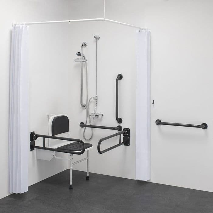 Budget DOC M Disabled Shower Room Pack With Exposed Valves & Curtains - Grey