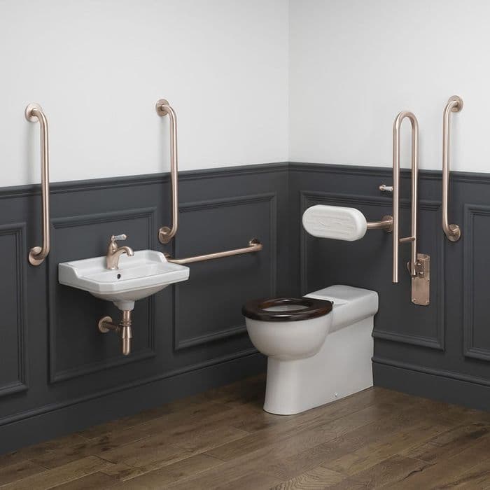 Healey & Lord Washroom Collection Classic Doc M Disabled Back to Wall Toilet Pack - White/Classic Copper Finish - Manual Lever Tap
