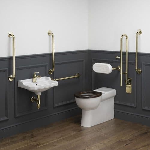 Classic Disabled Back to Wall Toilet Pack - White/Polished Brass