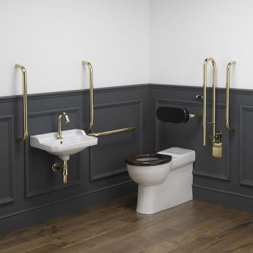 Classic Disabled Roseless Back to Wall Toilet Pack No-Touch Tap - Black/Polished Brass
