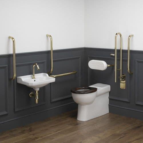Classic Disabled Roseless Back to Wall Toilet Pack No-Touch Tap - White/Polished Brass