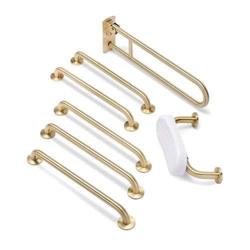 Classic Disabled Toilet Grab Rail Kit with Seat Cushion - Satin Brass