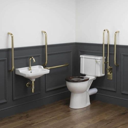 Classic Roseless Disabled Roseless Close Coupled Toilet Pack No-Touch/White - Polished Brass