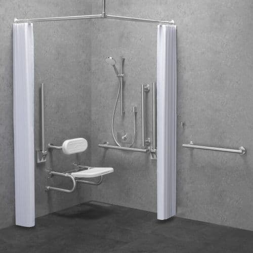 Contemporary DOC M / DDA Disabled Shower Pack & Adjustable Shower Head & Curtains - Brushed Stainless Steel