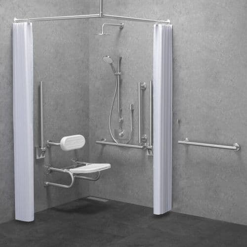 Contemporary DOC M / DDA Disabled Shower Pack & Fixed/Adj Shower Head & Curtains - Brushed Stainless Steel
