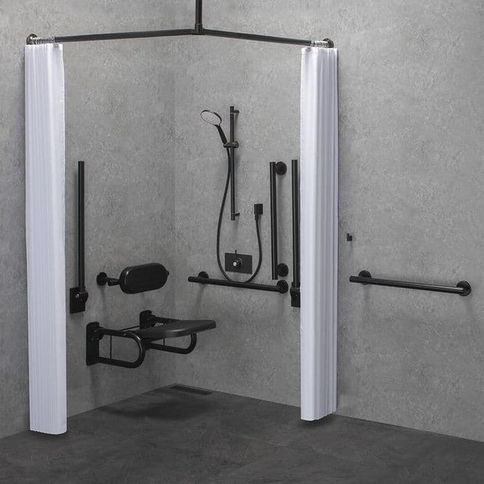 Deluxe (Modern) DOC M / DDA Disabled Shower Pack & Adjustable Shower Head & Curtains  - Matt Black