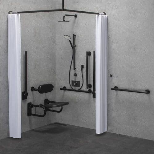 Deluxe (Modern) DOC M / DDA Disabled Shower Pack & Fixed/Adj Shower Head & Curtains - Matt Black