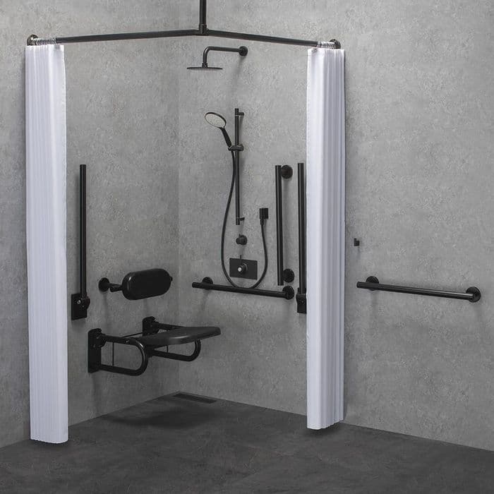 Deluxe (Modern) DOC M / DDA Disabled Shower Pack & Fixed/Adj Shower Head & Curtains - Matt Black