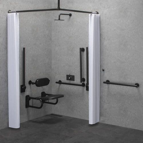 Deluxe (Modern) DOC M / DDA Disabled Shower Pack & Fixed Shower Head & Curtains- Matt Black