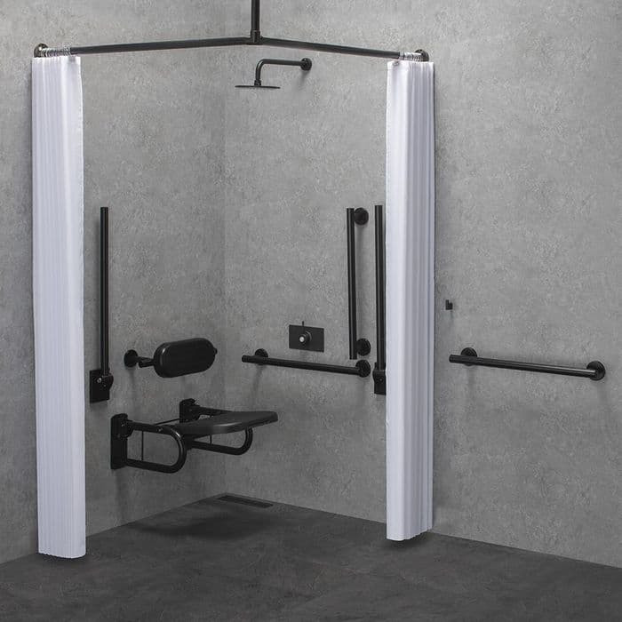 Deluxe (Modern) DOC M / DDA Disabled Shower Pack & Fixed Shower Head & Curtains- Matt Black
