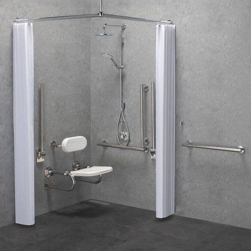 Designer DOC M / DDA Disabled Shower Pack & Fixed/Adj Shower Head & Curtains - Pol. S/Steel