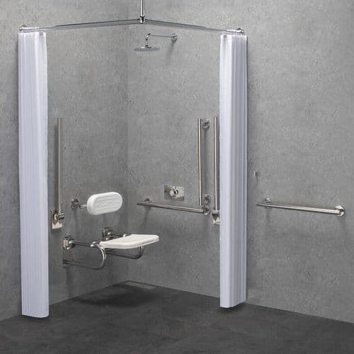 Designer DOC M / DDA Disabled Shower Pack & Fixed Shower Head & Curtains- Polished Stainless Steel
