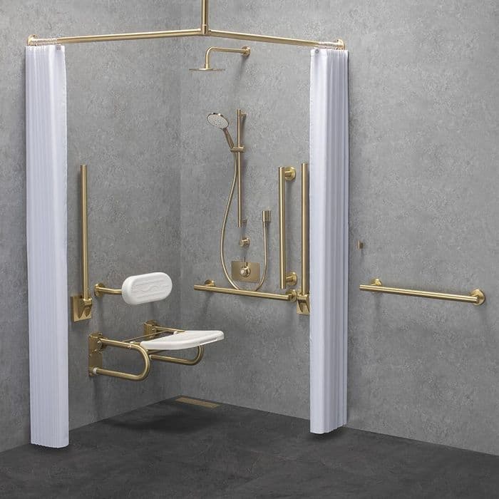 Luxury DOC M / DDA Disabled Shower Pack & Fixed/Adj Shower Head & Curtains - Brushed Brass