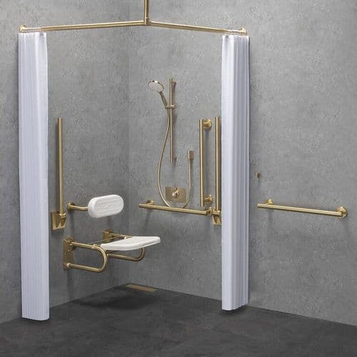 Luxury DOC M Disabled Shower Pack & Adjustable Shower Head & Curtains - Brushed Brass