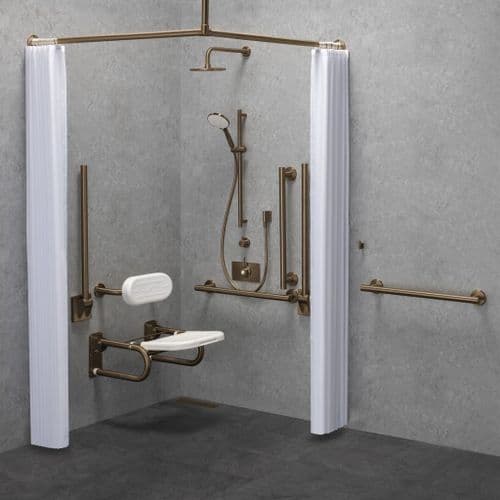 Urban DOC M / DDA Disabled Shower Pack & Fixed/Adj Shower Head & Curtains - Brushed Bronze