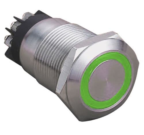 Green Ring Illuminated 12V 19mm IP65 Anti-Vandal Switch, Latching (A50WY) AB-AV-922