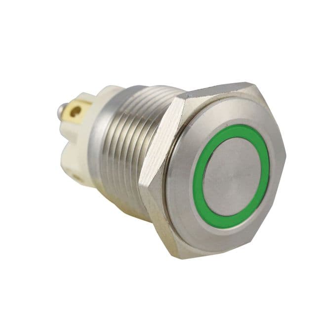 Green Ring Illuminated: 16mm IP65 12V Anti-Vandal Switch, Momentary (A48WY) AB-AV-1619