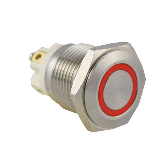 Red Ring Illuminated: 16mm IP65 12V Anti-Vandal Switch, Momentary (A47WY) AB-AV-1618