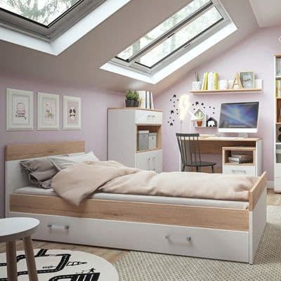 4KIDS Hamburg Oak and White Gloss Single Bed with Storage