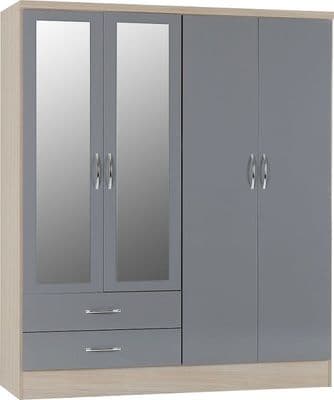 Nevada  Grey Gloss  and Oak 4 Door 2 Drawer Mirrored Wardrobe