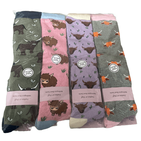 34SED059 HIGHLAND COW WELLY SOCKS 12 Pack @ £1.55 EACH