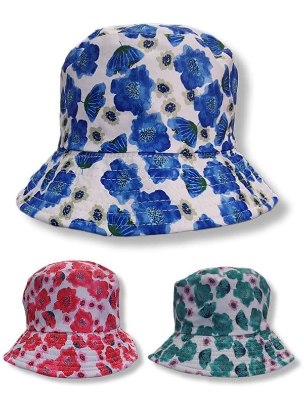 HH2427 POPPY PRINT BUCKET HAT 3 ASST @ £1.95
