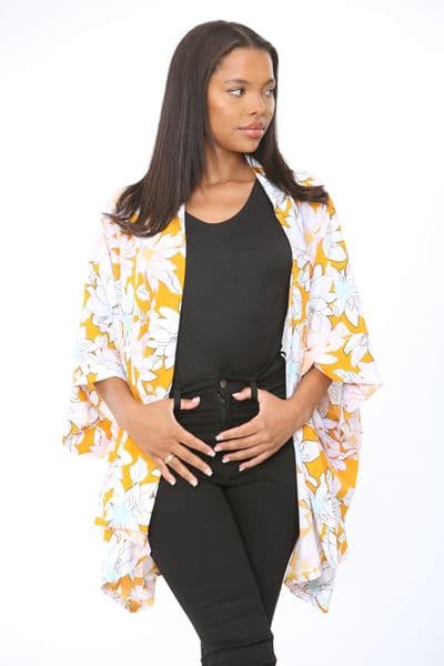 KA04022201 COTTON KIMONO YELLOW + ORANGE FLORAL