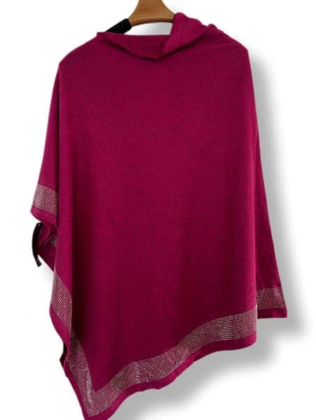 PON9796 CERISE CRYSTAL HEM PONCHO