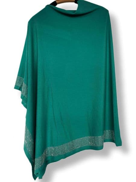 PON9797 JADE GREEN CRYSTAL HEM PONCHO