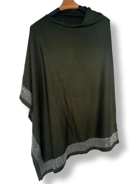 PON9849 KHAKI CRYSTAL HEM PONCHO