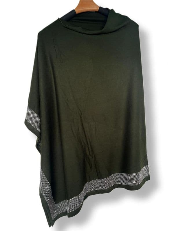 PON9849 KHAKI CRYSTAL HEM PONCHO