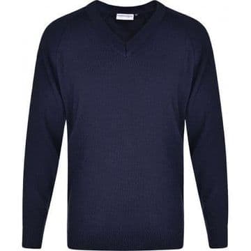 V Neck Jumper with School Logo.